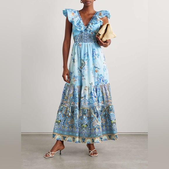Camilla Ruffled Crystal Embellished Blue Maxi Dress - Picture 1 of 4